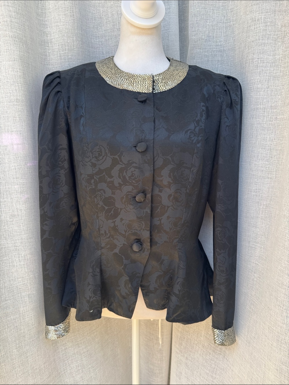 Silk Studio black jacquard evening jacket sequined collar cuffs puff sleeves